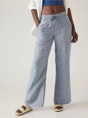 ATHLETA NEW! Chambray Blue RETREAT LINEN WIDE LEG Pants Sz 16